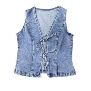 NWT Allegra K Denim V Neck Tie Front Sleeveless Waistcoat Jean Vests XSmall Blue